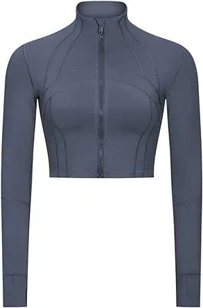 KTILG Women Workout Cropped Long-Sleeve Jackets Zip-Up Lightweight Pullover Athletic Yoga Running Tops with Thumb Holes