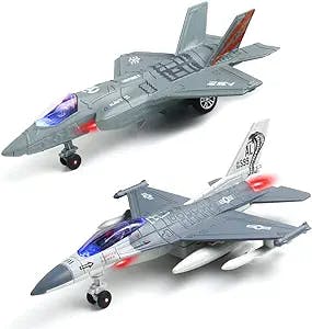 Fighter Jet Toy - 2 Pack, Diecast Airplane Toys for Kids, F16 F35 Model Plane Toy for Boys, Pull Back Toy Jets with Light & Sound for Gifts Collection Decor