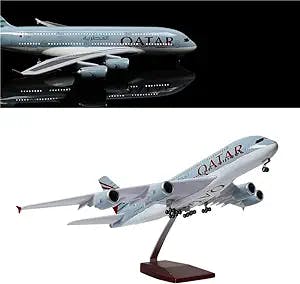 24-Hours 18” 1:160 Scale Airplane Model Qatar A380 Plane Model Diecast Model Planes with LED Light(Touch or Sound Control) for Decoration or Gift
