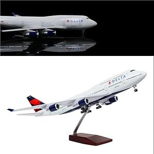 24-Hours 18” 1:130 Scale Model Jet Airplane Delta Airplane Boeing 747 Plane Model Diecast Airplane Model for Adults with LED Light (Touch or Sound Control) for Decoration or Gift