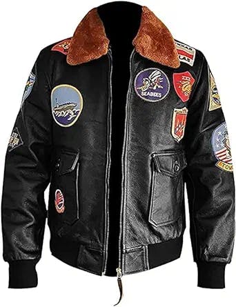 Men’s Tom Cruise Top Aviator G1 Flight Air Force Gun Patches Real Leather brown/Black Bomber Jacket