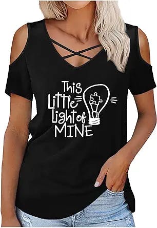 Cute Graphic Tees for Women Sexy Cold Shoulder Tops Summer Criss Cross Tshirts V Neck Short Sleeve T Shirts Blouses
