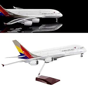 24-Hours 18” 1:130 Scale Airplane Models Asiana Airlines Airbus 380 Metal Planes Model Kits Display Diecast Aircraft with LED Light for Collection and Decoration (Touch or Sound Control)