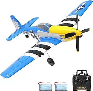 VOLANTEXRC RC Plane 4-CH RC Airplane Ready to Fly P51 Mustang WWII Remote Control Plane for Beginners with Xpilot Stabilization System, One Key Aerobatic (761-5 Blue)