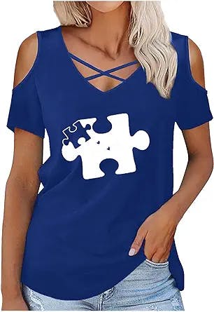 Womens Summer Shirts V Neck Criss Cross Cold Shoulder Tops Blouse Casual Short Sleeve Tunic Tee Puzzle Print Tshirt
