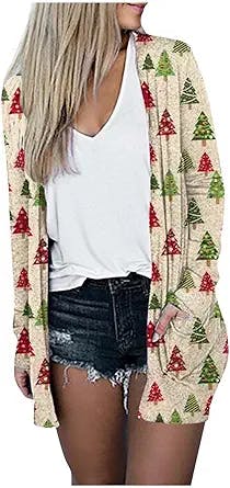 Fall Sweatshirts for Women, Women's Fashion Loose Casual Pocket Christmas Print Cardigan Jacket Tops