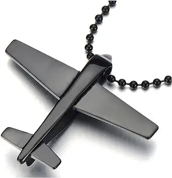 COOLSTEELANDBEYOND Stainless Steel Black Airplane Pendant Necklace for Men with 23.6 inches Steel Ball Chain