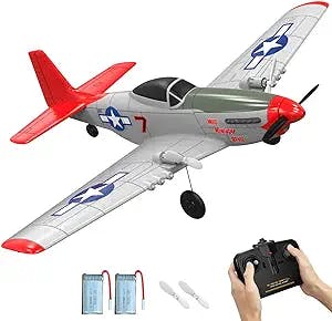 VOLANTEXRC RC Plane Ready to Fly for Beginners, 2.4Ghz 2CH RC Airplane P51 Mustang Toy Gift for Kids & Adults, with Gyro Stabilization System&2 Batteries (762-3)