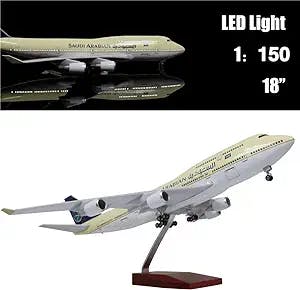 24-Hours 18” 1:130 Airplane Model Saudi Arabia Boeing 747 Model Plane with LED Light(Touch or Sound Control) for Decoration or Gift
