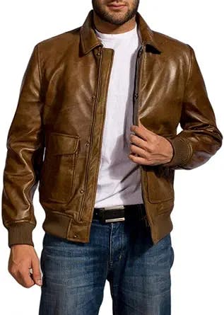 Men’s Flight Aviator Bomber Jacket - Top Jacket Gun with Fur Collar and Embroidery Patches – Military Bomber Leather Jacket