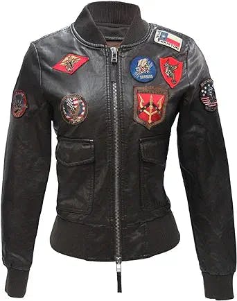Top Gun Women’s Vegan Leather Bomber Jacket with Patches