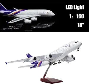 24-Hours 18” 1/160 Scale Airplane Model Thailand Airbus 380 Model Plane with LED Light(Touch or Sound Control) for Decoration or Gift