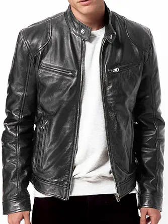 DECIMAL Men's Black Genuine Lambskin Leather Biker Jacket VINTAGE REAL BROWN MOTORCYCLE JACKETS FOR MEN