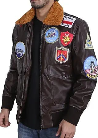 POSHA G1 Brown Bomber Aviator Real Leather Fur Collar Flight Top Jacket Gun with Embroidery Patches
