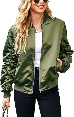 ACEVOG Women Fashion Satin Bomber Jacket Zip Up Casual Jacket Coat with Pocket Outfit