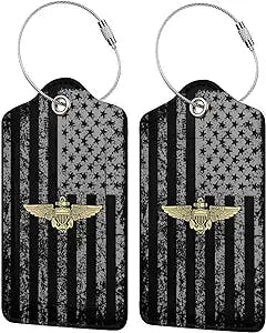 Naval Aviator Pilot Wings Leather Baggage Bag Luggage Tags with Privacy Cover and Stainless Steel Loop
