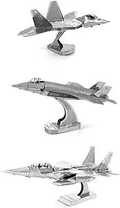 Metal Earth 3D Model Kits Set of 3: F-22 Raptor - F-35 Lightning II - F-15 Eagle