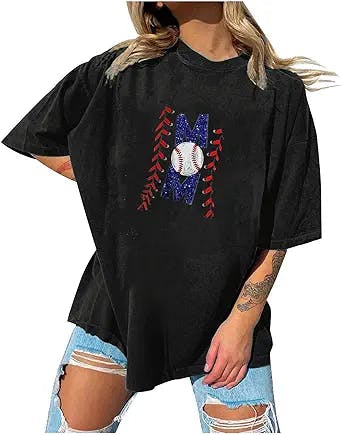 Womens Baseball Shirts Oversized Half Sleeve Summer Tops Mom's Tshirt Crew Neck Casual Y2k Top for Baseball Lover