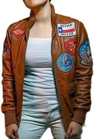 "Maverick, Goose, and Iceman Approve: Women's Brown Leather Jacket Top Gun 
