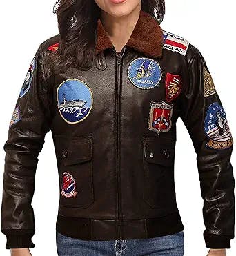 Womens Brown Top Aviators Flight Bomber Pilot Patches Leather Jacket