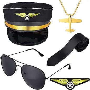 5 Pcs Airline Pilot Captain Costume Kit Pilot Hat Costume Accessory Set with Sunglasses Pilot Wings Necklace Tie