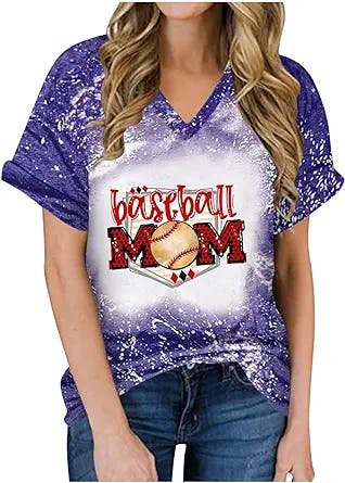 bawilom Baseball Mom Shirt Womens Mom T Shirts Bleached Short Sleeve O-Neck Letter Print Casual V Neck Tops Tees Blouses