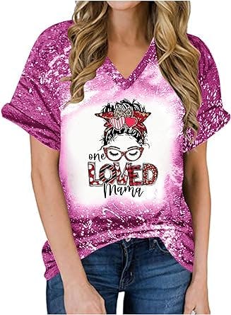 One Loved Mama Bleached Shirt Women Vintage Funny Graphic Mom Tee Shirt Women Summer Letter Print Casual Top Blouse