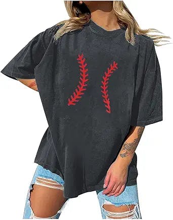 Summer Y2k Tops for Women, Casual Baseball Short Sleeve T-Shirt, Ladies Oversize Loose Crewneck Elastic Tee Blouse