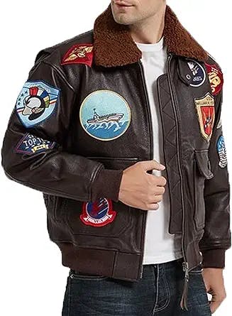Mens Aviator Pilot Flying Multiple Patches G1 Fur Collar Bomber Leather Jacket