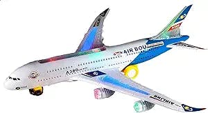AMPERSAND SHOPS A380 Airbus Commercial Passenger Airplane Model Plane Bump-and-Go Toy Battery-Operated with Color-Flashing LED Lights (Blue)