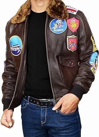 Mens Top Tom Cruise USAAF G1 Aviator Pilot Removable Fur Collar Bomber Leather Jacket Black/Brown-Real/Faux