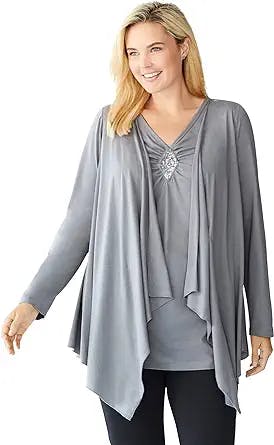Woman Within Women's Plus Size Layered Look Long Top with Sequined Inset Shirt