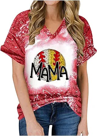 Mama Bleached Shirts for Women Vintage T Shirt Baseball Mom Graphic Tee Tops Tie Dye Distressed Tunic Shirt Blouse