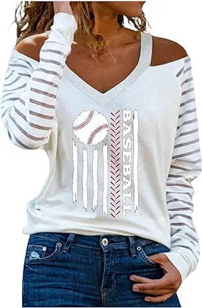 Vintage Baseball T-Shirt for Women Mom Shirt Tee Baseball Mama Long Sleeve T-Shirts Cold Shoulder Sexy Tops Blouses