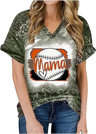 Baseball Mama Bleached T-Shirt for Women Funny Softball Graphic Tees Mama Distressed Shirts Letter Print Mom Tops