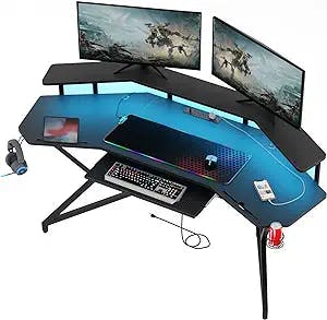 Auromie 72" Gaming Desk with Power Outlet & Led Strip, Large Wing-Shaped Computer Desk with Monitor Stand & Keyboard Tray & RGB Mouse Pad, Studio Desk with Storage Shelf Headphone Hook Cup Holder