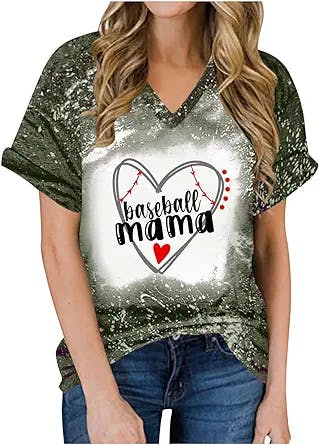 Baseball Mama Bleached T-Shirt for Women Love Heart Graphic Distressed Shirt Letter Printed Baseball Mom Tee Tops