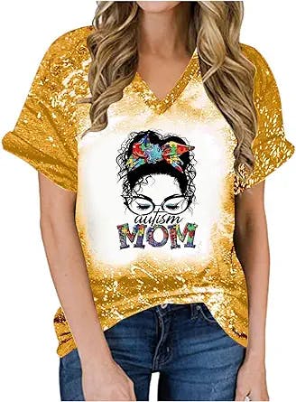 Women Autism Shirt Autism Mom Awareness Tops Casual Short Sleeve Tie Dye T-Shirt Distressed Tunic Tee Bleached Top