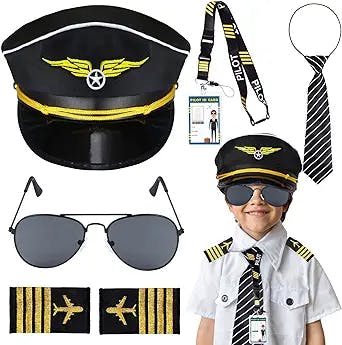 Keymall Kids Pilot Costume Accessories Set With Aviator Hat Sunglasses Tie Pin for Aviation Halloween Dress Up