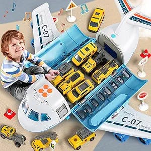 TEMI Mist Spay Storage Transport Plane Cargo with 6 Free Wheel Diecast Construction Vehicles and Playmat, Kids Toy Jet Aircraft with Lights & Sounds for 3 4 5 6 Years Old Boys and Girls