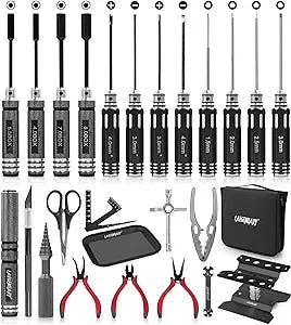 RC Car Tool Kit - Screwdriver Set (Flat, Phillips, Hex), Pliers, Wrench, Body Reamer, Stand, Repair Tools for Quadcopter Drone Helicopter Airplane, Accessories Compatible with Traxxas R C Cars – 25pcs