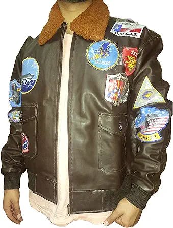 Men Brown Patches Jacket - Tom Gun G1 Bomber Maverick Aviator Leather Fur Collar Flight Jacket -Cruise Brown Leather Jacket