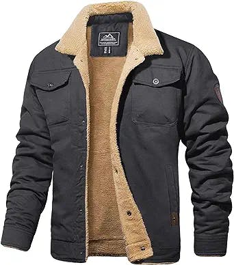 MAGCOMSEN Men's Cargo Jacket Cotton Thicken Lined Sherpa Jackets Winter Warm Turn-down Collar Coats Multi Pockets
