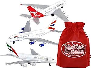 Matty's Toy Stop Daron Emirates A380, Qantas A380 & British Airways A380 Die-cast Planes Gift Set Bundle Storage Bag - 3 Pack