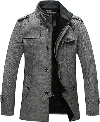 Wantdo Men's Wool Blend Jacket Stand Collar Windproof Pea Coat