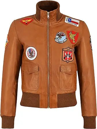 Carrie CH Hoxton Topp Gun Ladies Badges Jet Fighter Navy Air Force Pilot Fashion Bomber Style Leather Jacket TOP GUN, Tan, 16