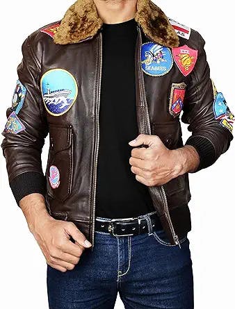 Mens Top Cockpit G1 Tom Cruise Patches Air Force Pilots Aviator Fur Collar Bomber Leather Jacket